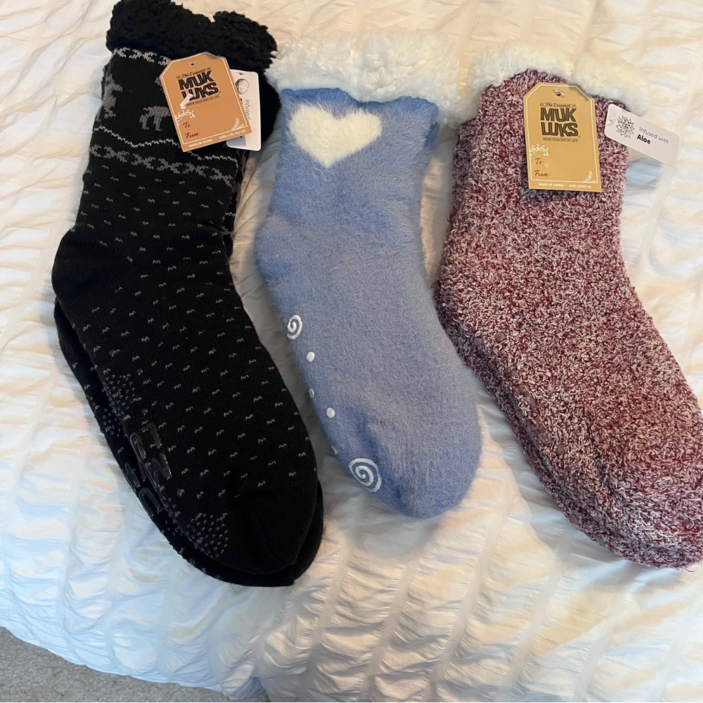 Muk Luks Fuzzy Socks Trio - Black, Blue, and Maroon
